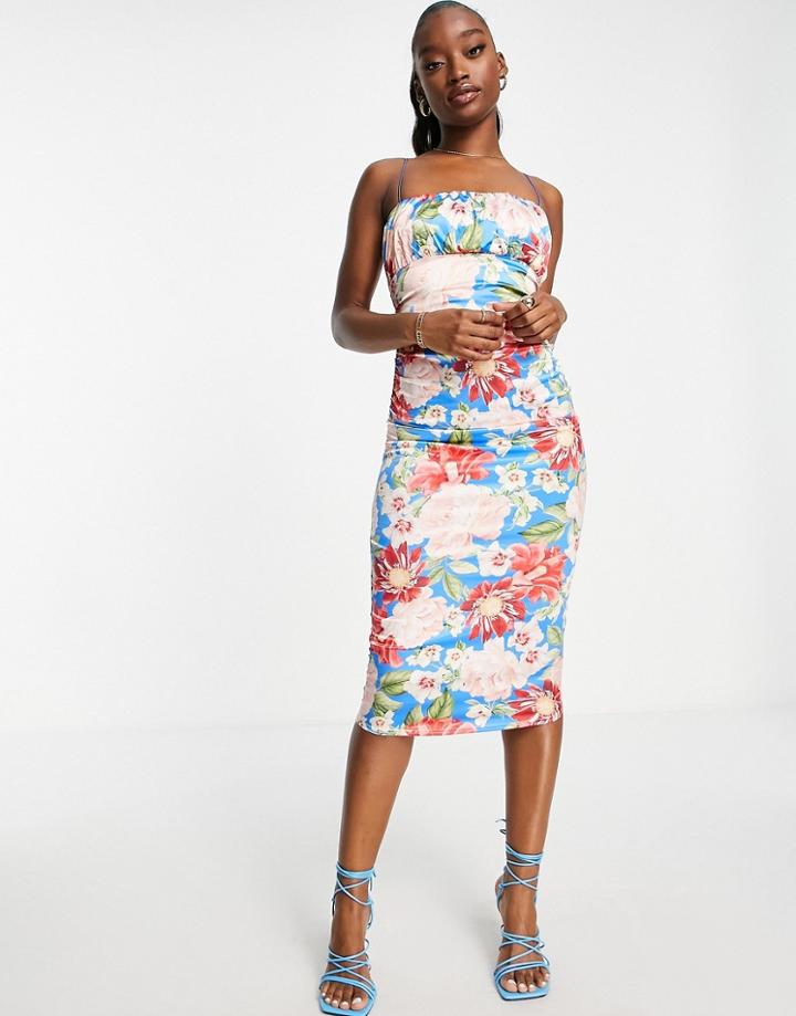Asos Design Satin Cami Ruched Bust Lace Up Back Midi Dress In Bright Blue Floral Print-multi