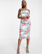 Asos Design Satin Cami Ruched Bust Lace Up Back Midi Dress In Bright Blue Floral Print-multi