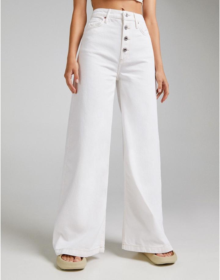 Bershka Wide Leg Button Up Jean In Ecru-white