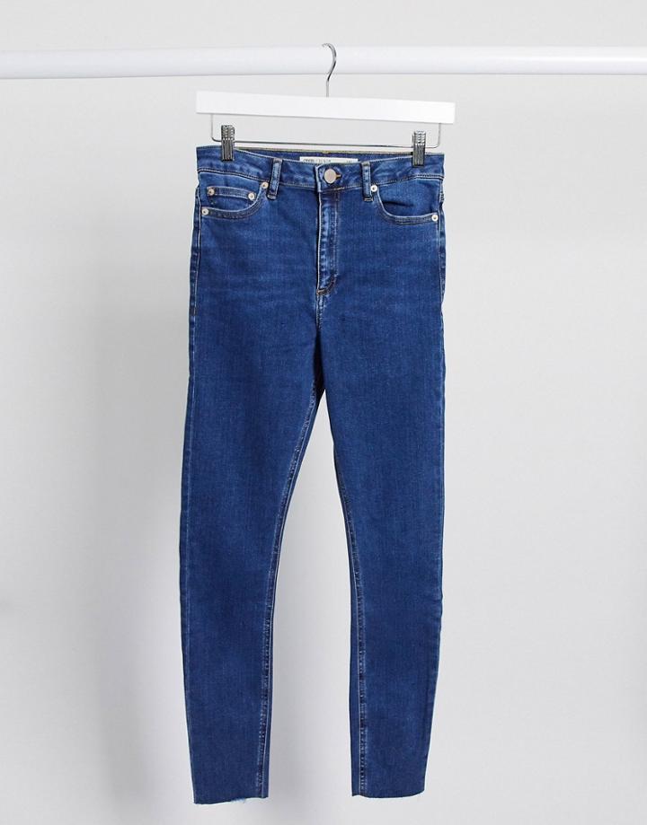 Asos Design Ridley High Rise Skinny Jeans In Bright Mid-wash Blue With Raw Hem-blues
