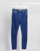 Asos Design Ridley High Rise Skinny Jeans In Bright Mid-wash Blue With Raw Hem-blues
