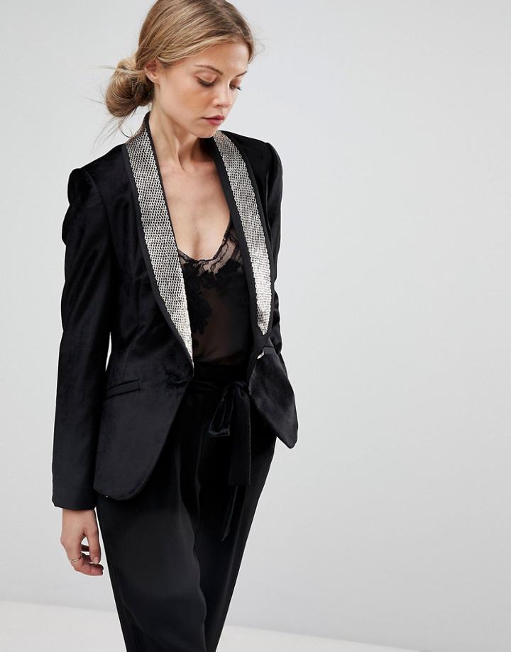 Ted Baker Velvet Blazer With Embellished Lapel - Black