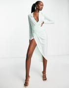 John Zack Wrap Ruched Dress In Pale Green