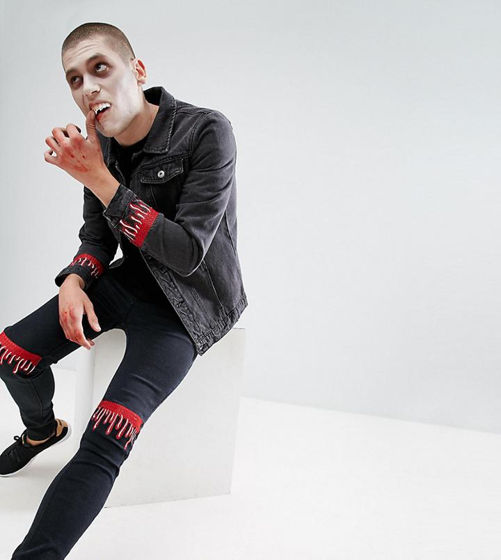 Liquor N Poker Halloween Embroidered Dripping Blood Washed Black Skinny Jeans - Black