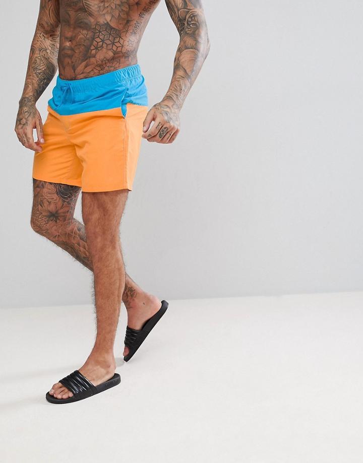 Asos Swim Shorts In Blue & Orange Panels In Mid Length - Blue