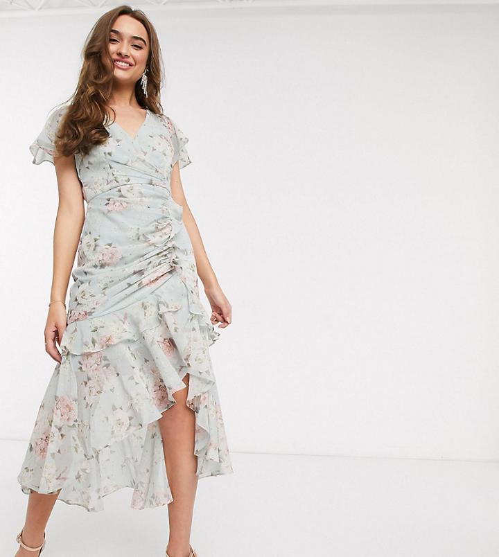 Ever New Petite Ruched Midi Dress In Soft Mint Floral-pink