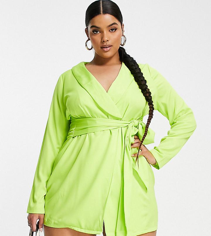 In The Style Plus Exclusive Tie Front Blazer Dress In Lime-green