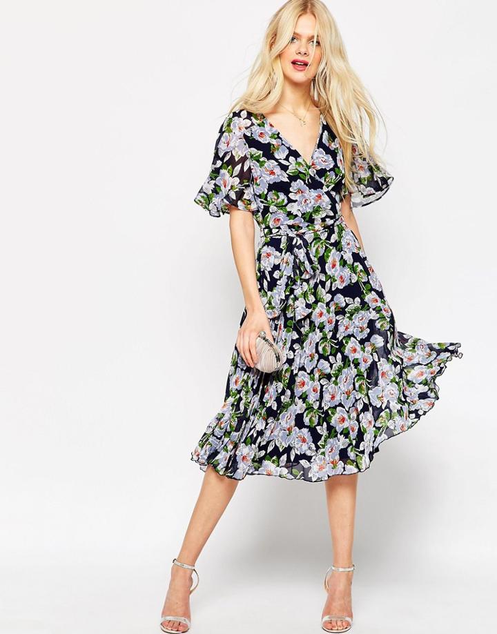 Asos Pleated Wrap Midi Dress In Floral Print - Multi