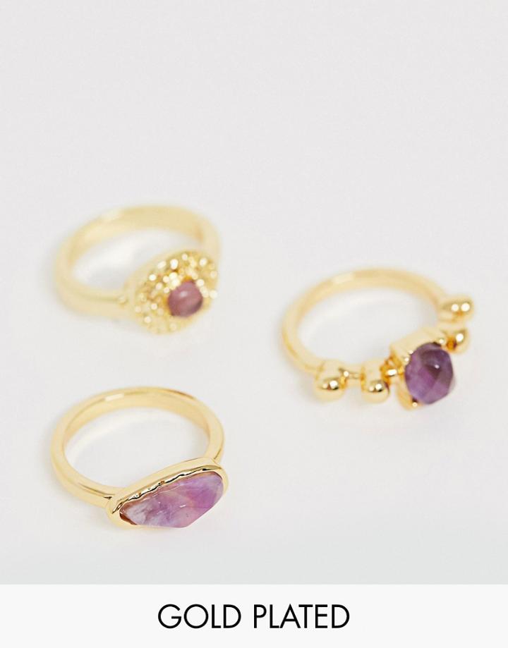 Asos Design Premium Gold Plated Pack Of 3 Rings With Semi Precious Stones