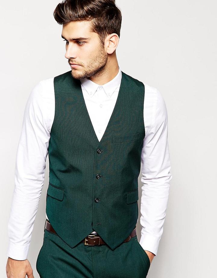 Asos Slim Fit Vest In Green Pindot - Green
