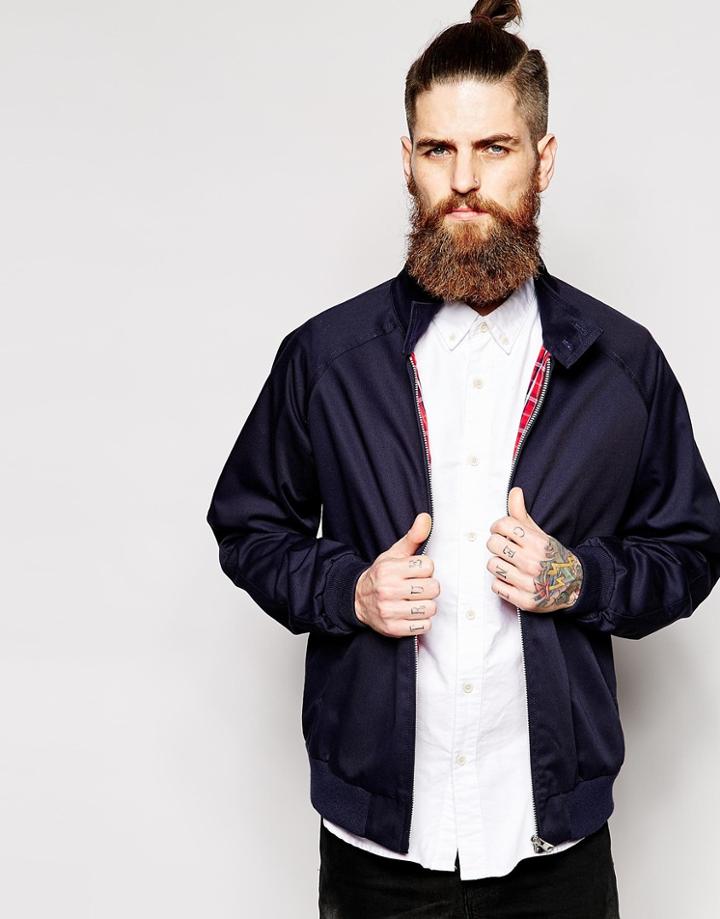Asos Harrington Jacket With Funnel Neck In Navy - Navy