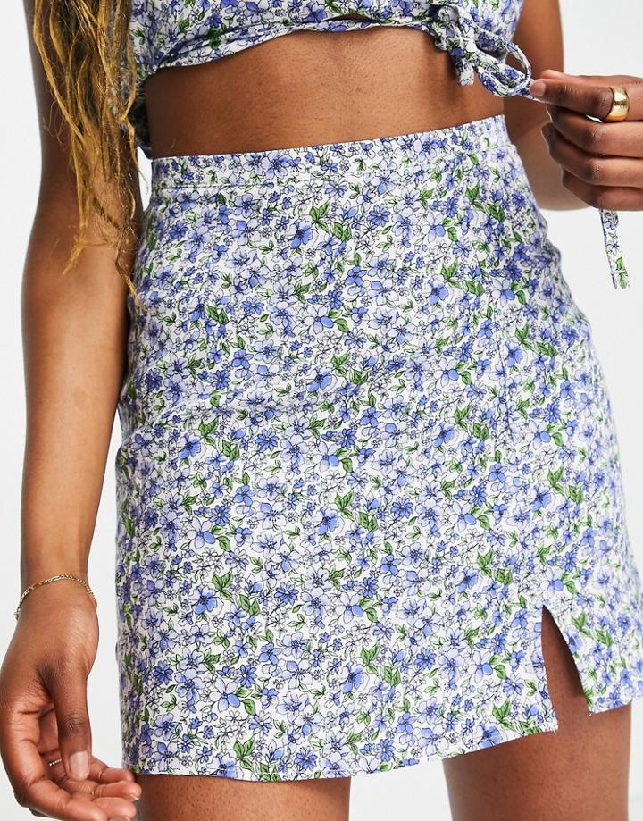 Topshop Ditsy Split Front Mini Skirt In Blue - Part Of A Set