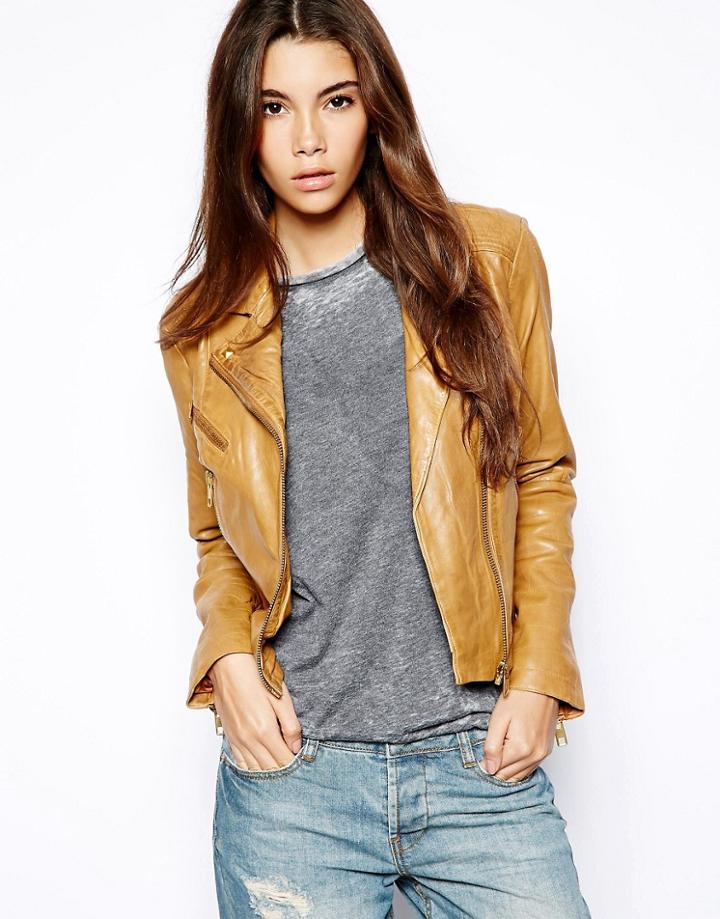 Barneys Originals Leather Biker Jacket - Tan