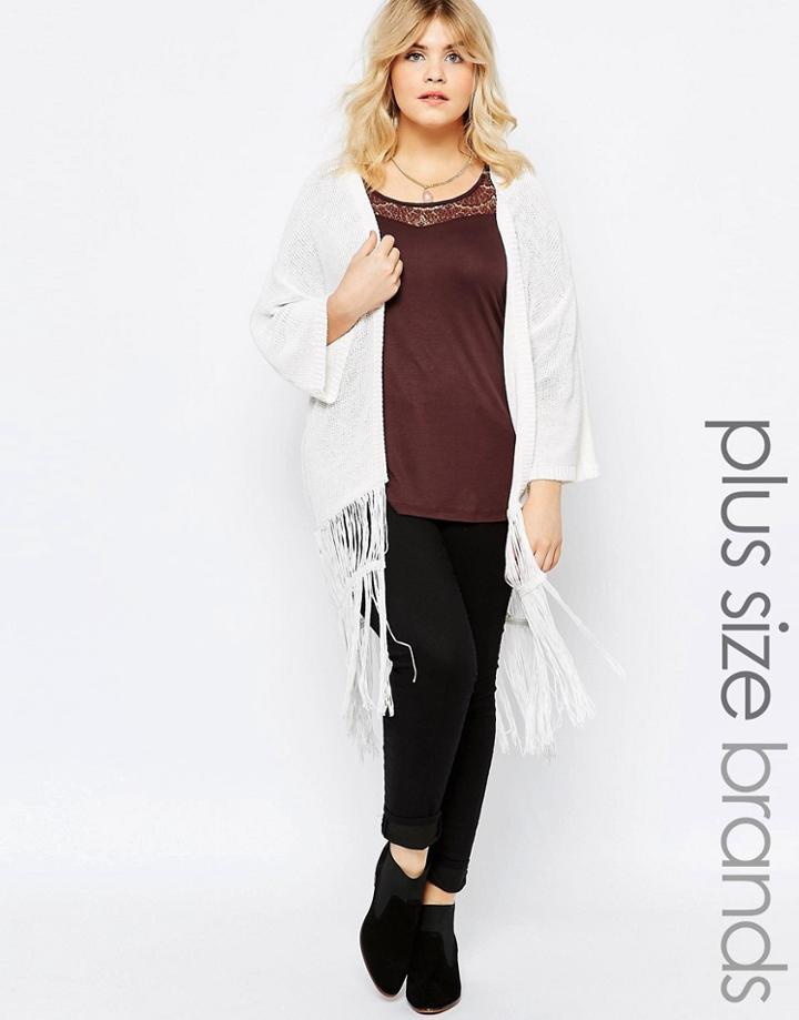 Brave Soul Plus 3/4 Sleeve Cardigan With Tassel Detail - White