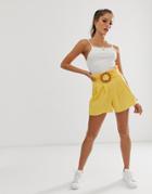 Asos Design Clean Crepe Short With Rattan Belt Buckle-yellow