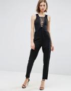 Lavish Alice Lace Up Plunge Tapeleg Jumpsuit - Black