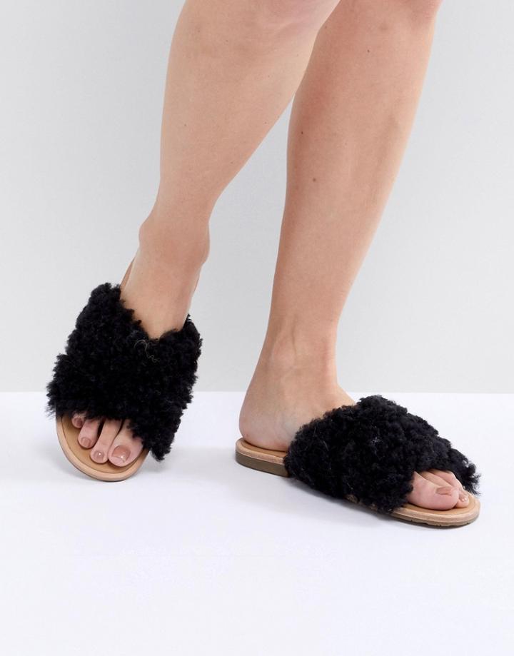 Ugg Joni Black Shaggy Cross Strap Slides - Black