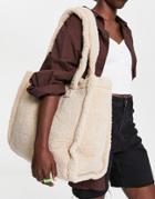 Asos Design Oversized Borg Tote Bag In Cream - Cream-white