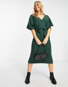 Asos Design Super Soft V Neck Belted Midi Sweater Dress In Forest-green