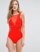 Forever Unique Mesh Plunge Swimsuit With Waist Detailing - Orange