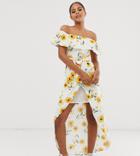 Influence Tall Bardot Frill Maxi Dress In Sunflower Print - White