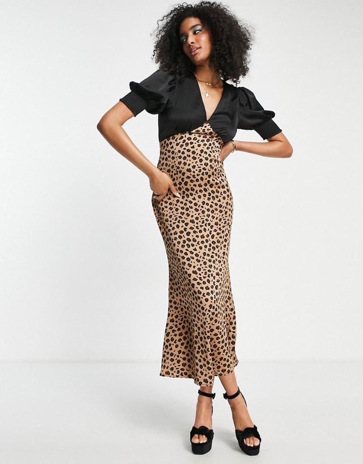 Never Fully Dressed Contrast Puff Sleeve Maxi Dress In Black Leopard Print-multi