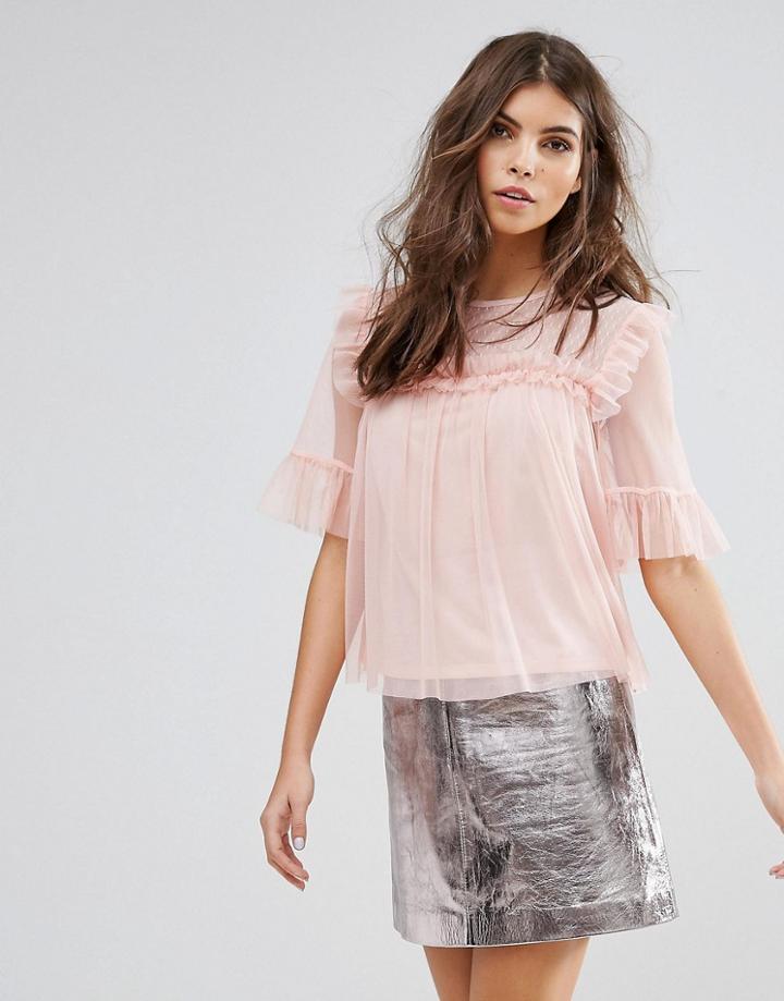 Miss Selfridge Pleated Mesh Tee - Pink