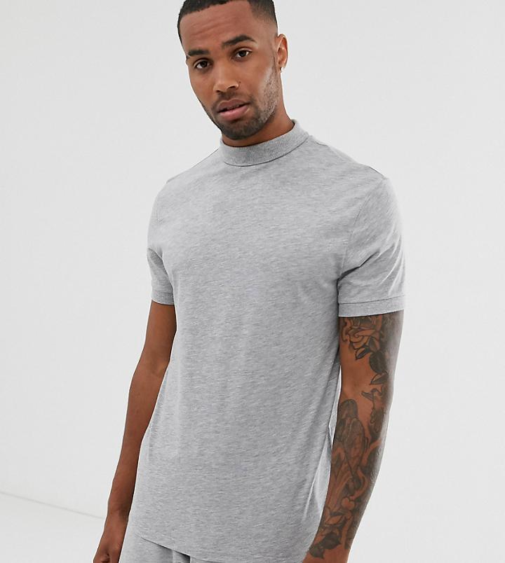 Asos Design Tall T-shirt With Rib Roll Neck In Gray Marl