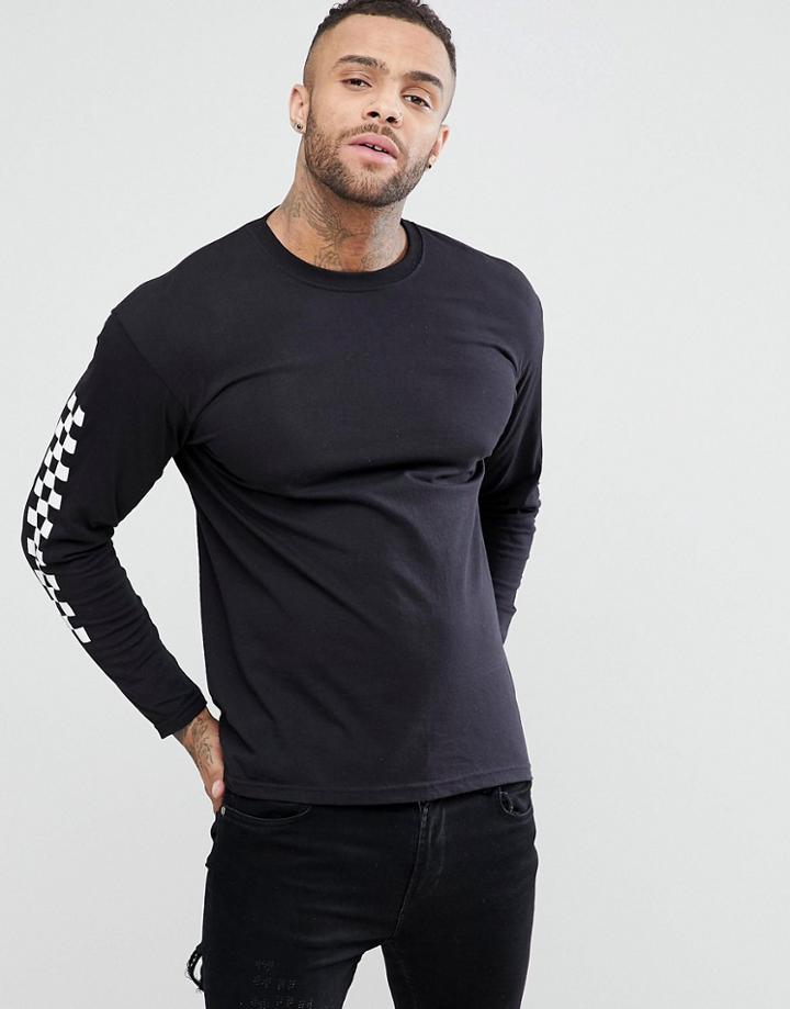 Boohooman Long Sleeve Checked T-shirt In Black - Black