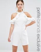 Alter Petite Cold Shoulder Ruffle Detail Romper - Cream