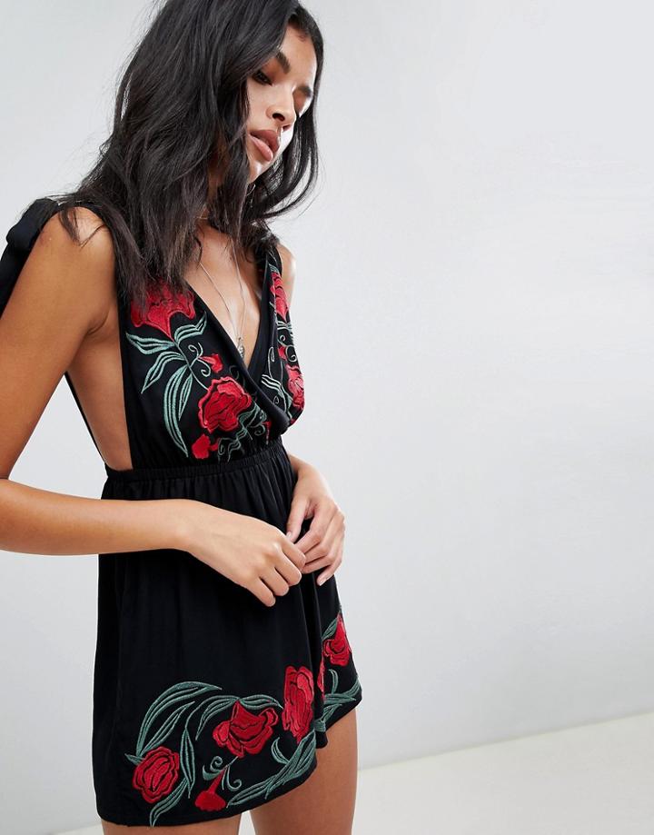 Asos Design Western Floral Embroidered Plunge Beach Romper - Black