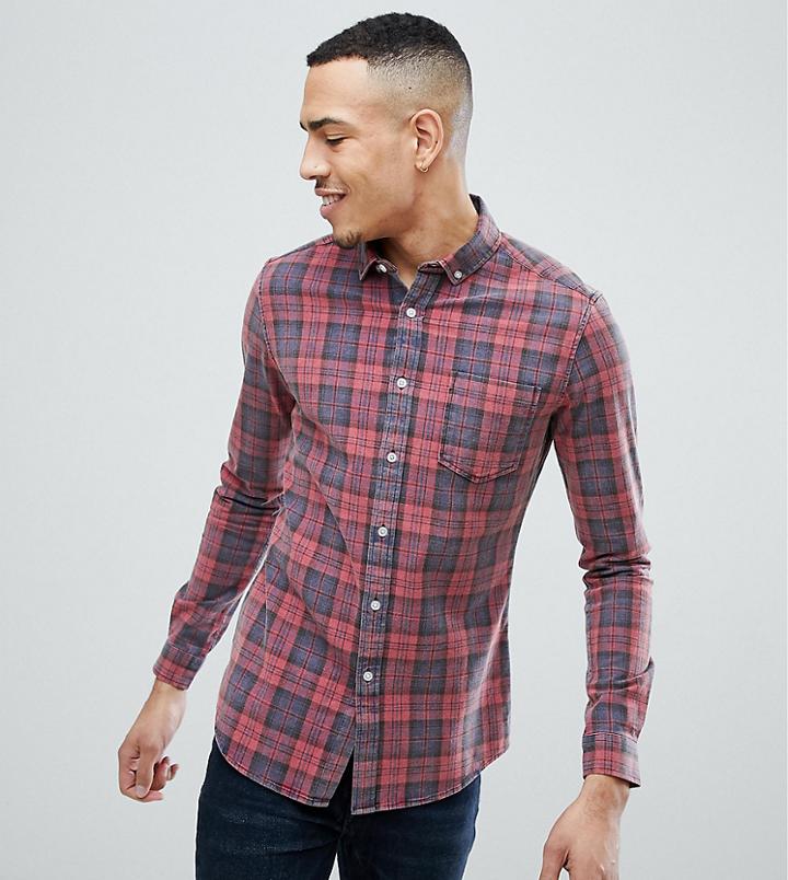 Asos Tall Skinny Check Shirt With Acid Wash - Red