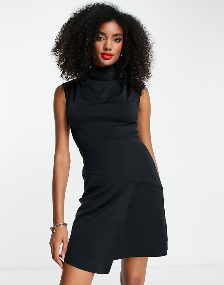 Closet London High Neck Wrap Skirt Mini Dress In Black