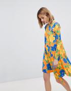 Asos Mini Dress With Asymmetric Hem In Bright Floral - Multi