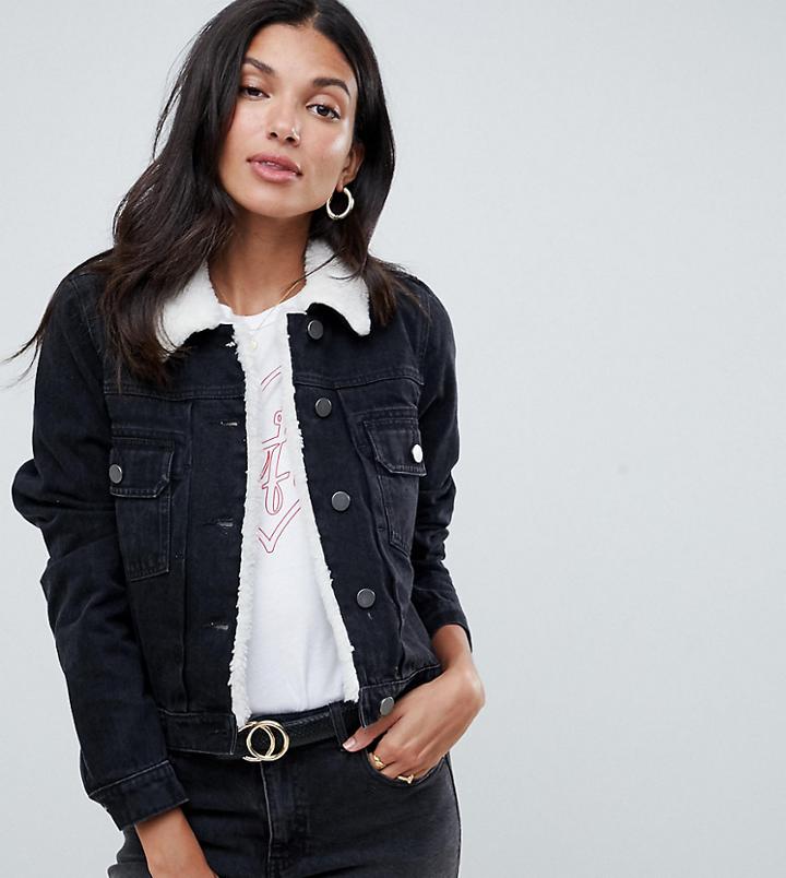 Asos Design Tall Denim Shrunken Jacket With Fleece Collar In Washed Black - Black