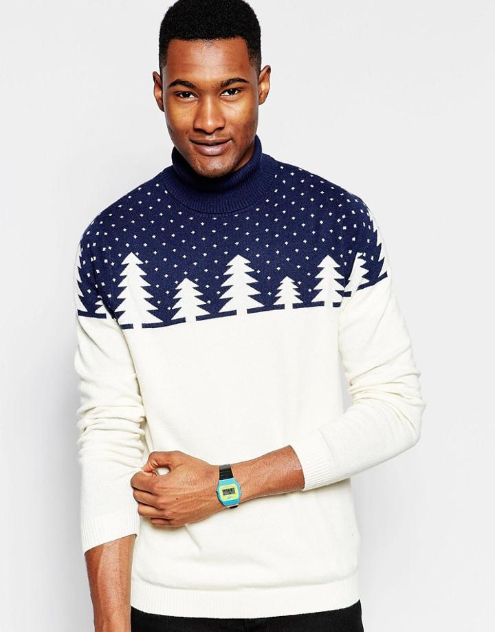 Asos Holidays Roll Neck Sweater With Cashmere - Navy