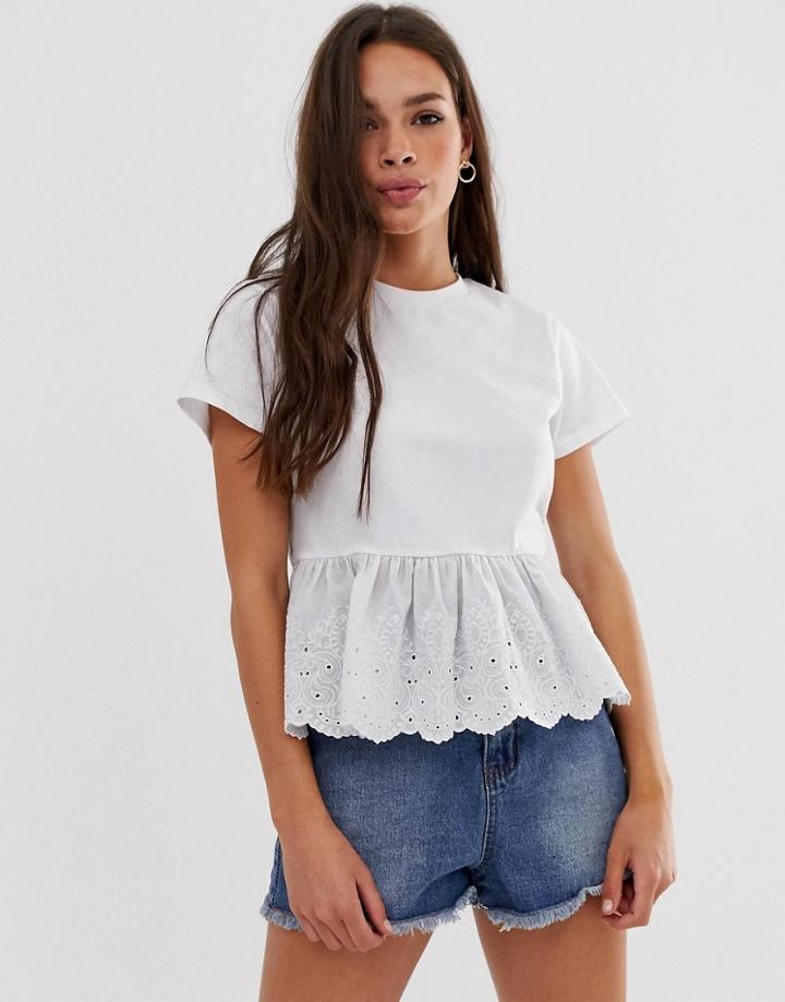 Asos Design Smock Top With Broidery Hem-white