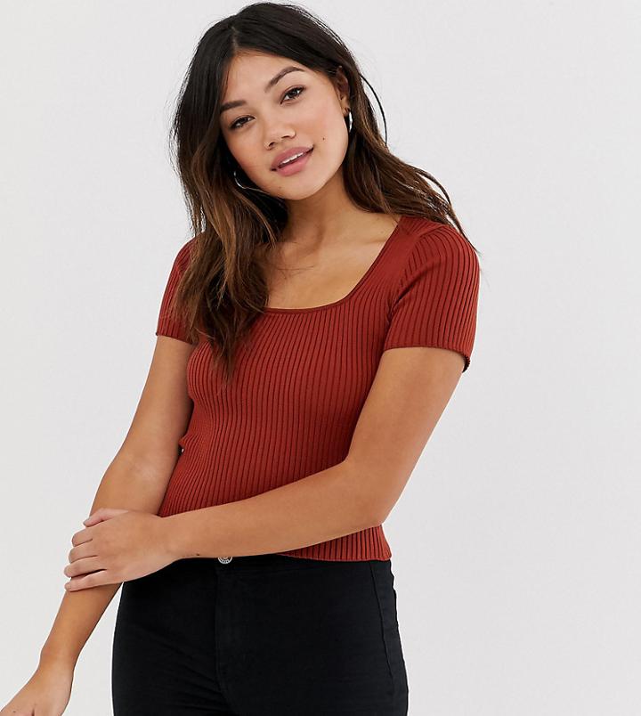 Bershka Ribbed Square Neck Top In Brown