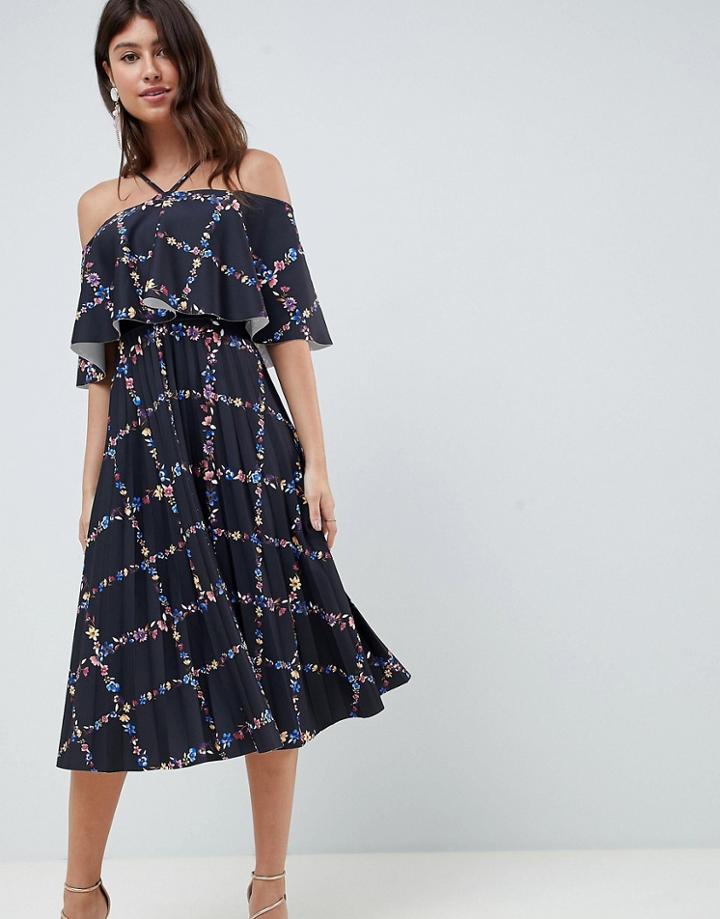 Asos Design Scuba Midi Pleated Dress In Check Floral Print-multi