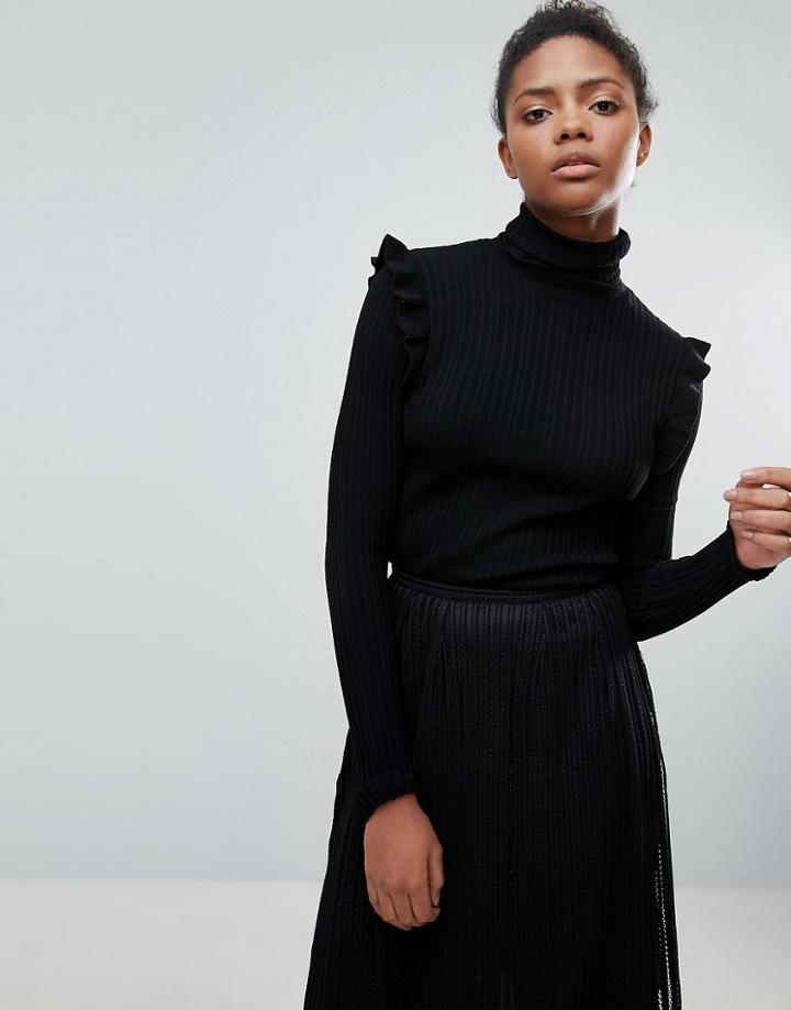 Vila High Neck Ruffle Sweater - Black