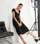 Asos Design Petite Broderie Bust Detail Midi Tea Dress With Buttons In Black