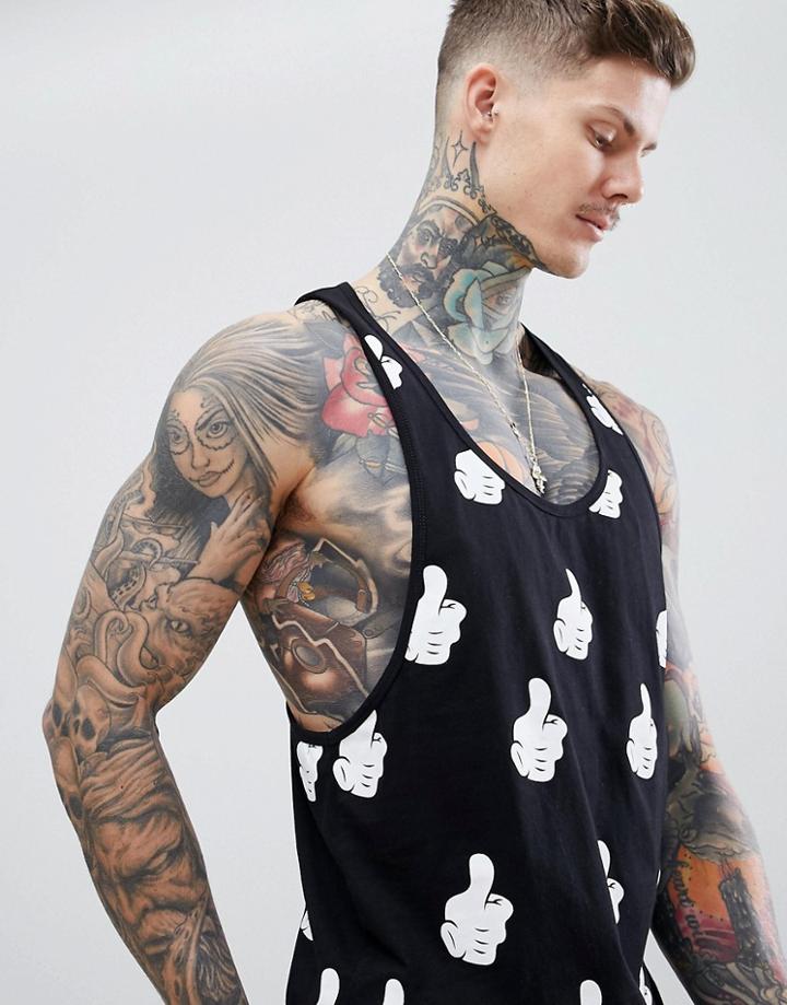 Asos Design Mickey Dropped Armhole Tank With Thumbs Up Print - Black