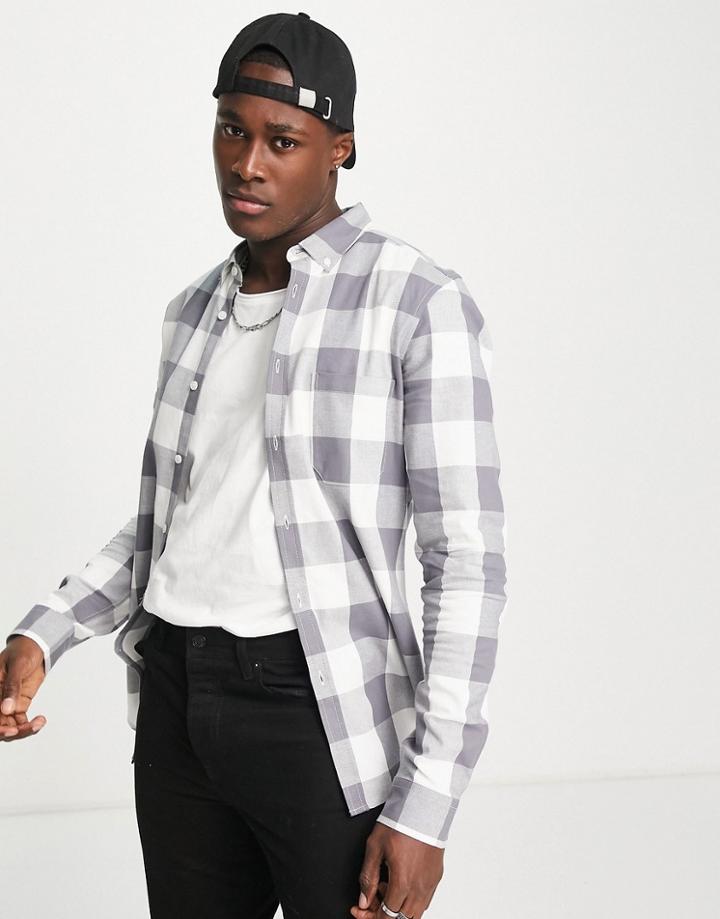 Asos Design Stretch Slim Shirt In Gray Buffalo Plaid