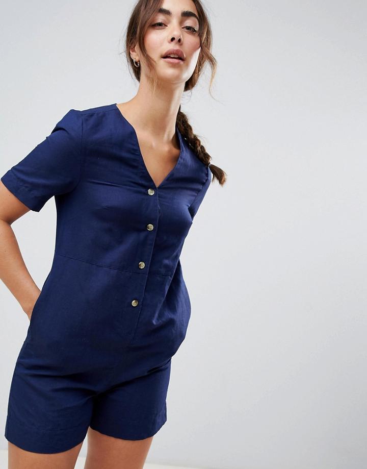 Warehouse Linen Button Front Romper - Navy