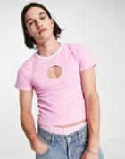 Asos Design Muscle T-shirt With Circle Chest Cut-out In Pink With Ringer