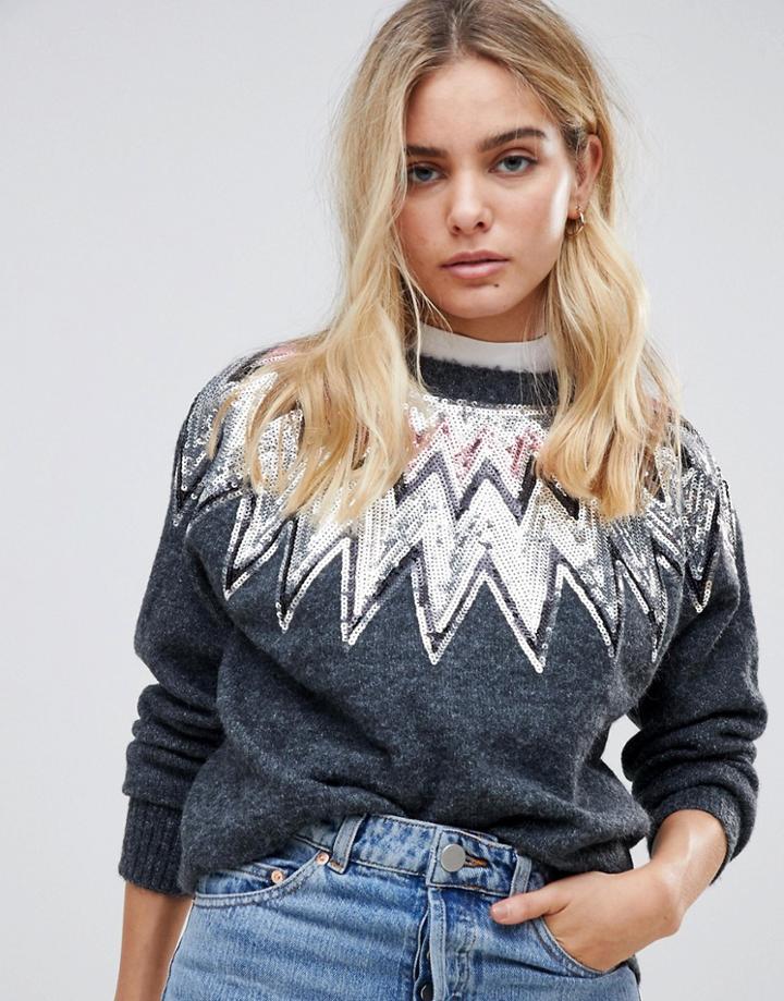 Wild Flower Sequin Zig Zag Sweater - Gray