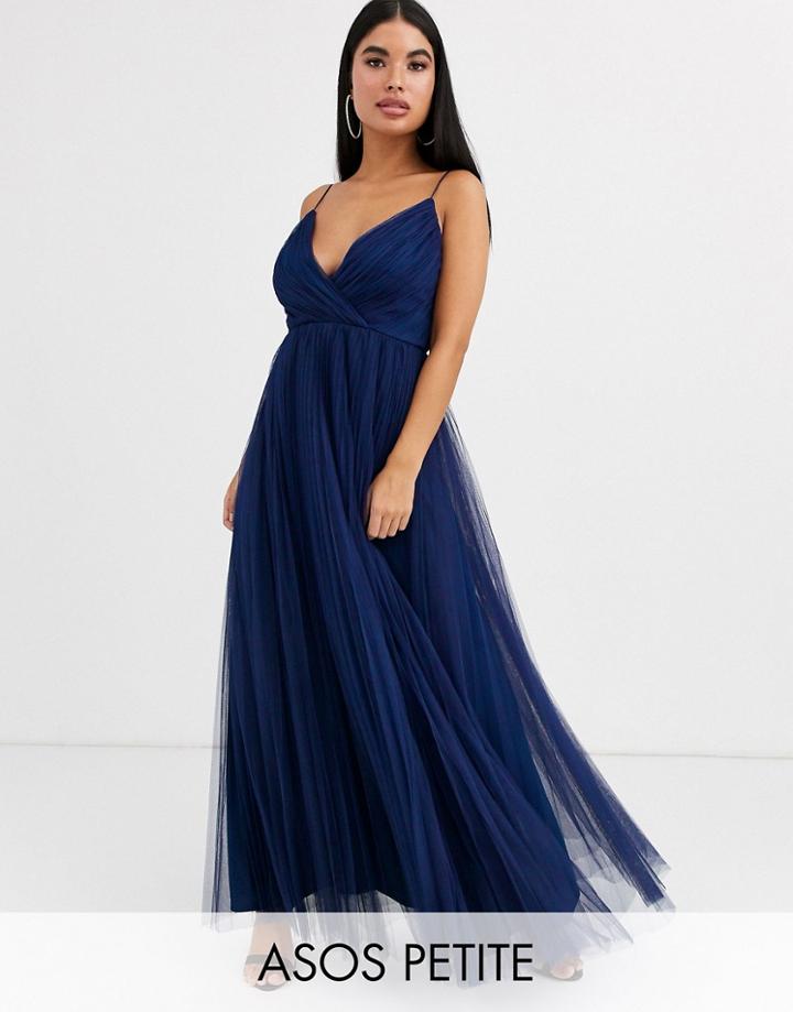 Asos Design Petite Cami Pleated Tulle Maxi Dress-navy