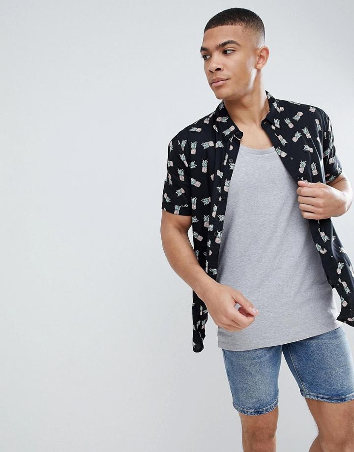 Another Influence Pinapple Print Boxy Fit Short Sleeve Shirt - Black