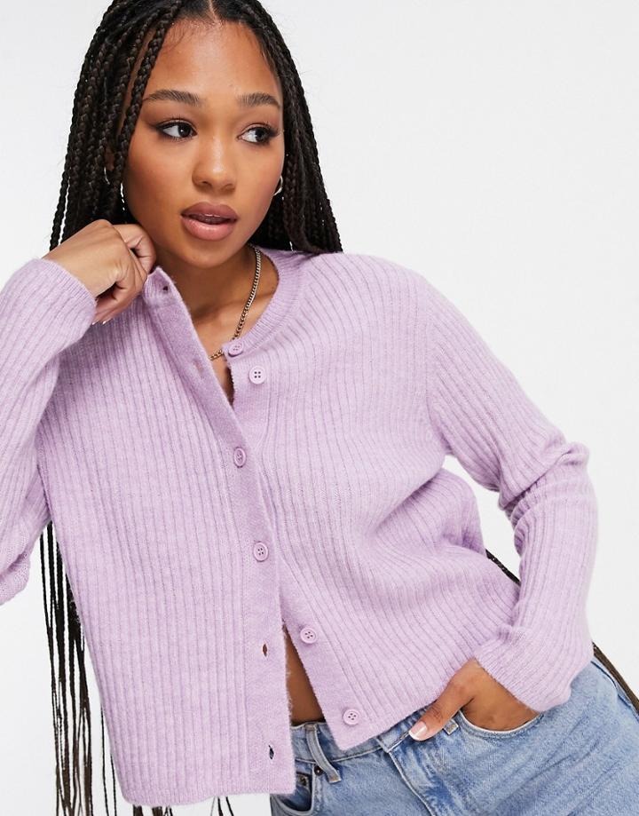 Asos Design Crew Neck Cardi With Button Front In Lilac-pink