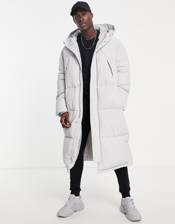 Topman Extra Longline Puffer Jacket With Hood In Gray - Gray-grey